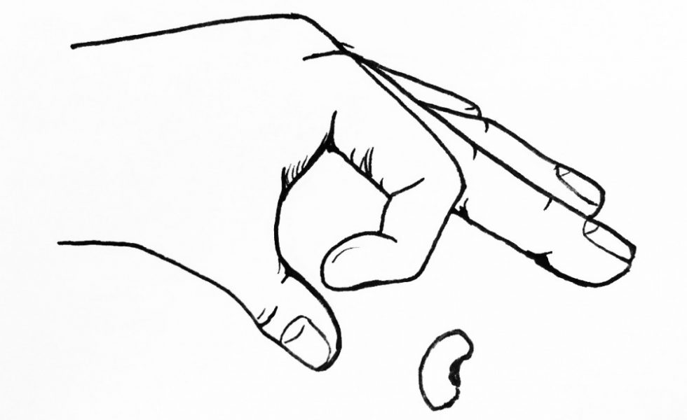Desenho de uma mão dando um peteleco em um feijão.