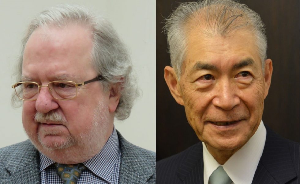 À esquerda foto de James P Alisson, imunologista estadunidense caucasiano de 70 anos, cabelos grisalhos e óculos. À direita Tasuku Honjo, imunologista japonês de 76 anos e cabelos grisalhos.