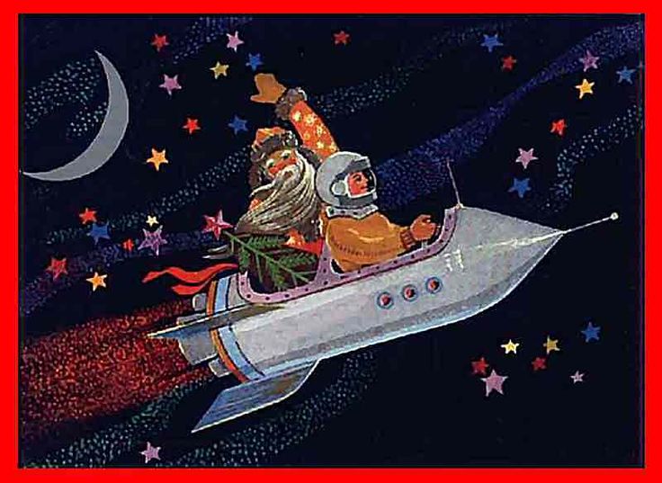Ilustração de Papai Noel voando em um foguete durante a noite.
