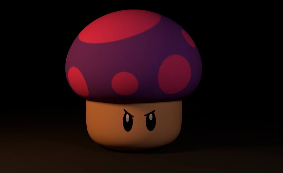 Ilustração de um cogumelo do jogo Mario Bros. com expressão de bravo.