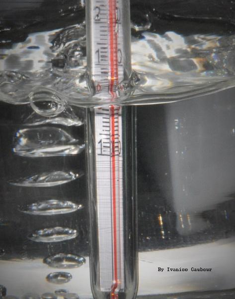 Recipiente com água borbulhando com um termômetro mergulhado.