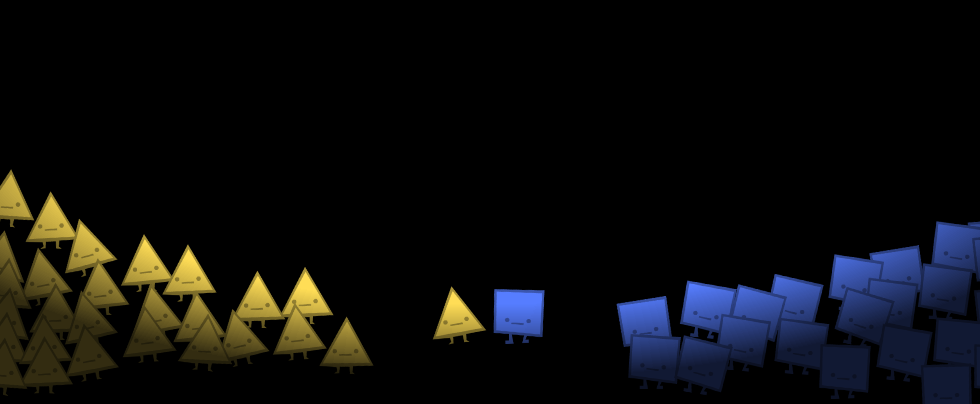 Ilustração da parábola dos polígonos em que todos os triângulos amarelos estão à esquerda e todos os quadrados azuis estão à direita.