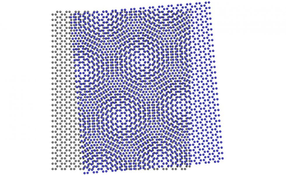 Modelo esquemático de duas camadas de grafeno, uma formada por esferas azuis e outra por esferas cinzas, cada uma formando uma rede hexagonal. As duas redes são sobrepostas e existe uma pequena rotação entre elas. Devido a rotação, é gerado um padrão de interferência entre as redes conhecido como padrão moiré.