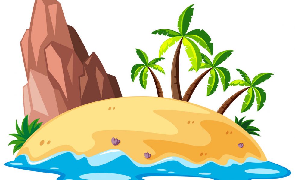 Ilustração de uma pequena ilha de formato arredondado com uma rocha marrom à esquerda, quatro palmeiras à direita, arbustos nos dois extremos, algumas conchas e com um pouquinho do mar aparecendo abaixo. O fundo da imagem é branco.
