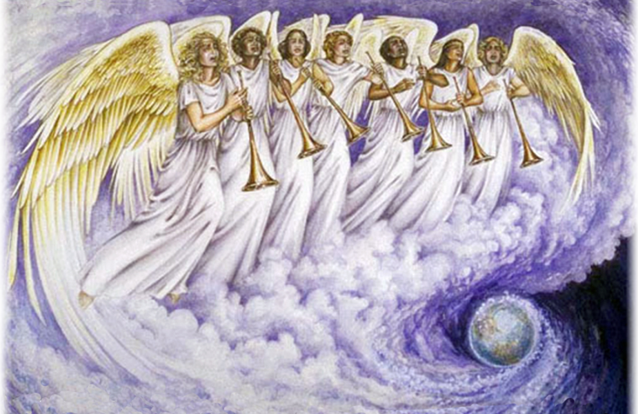 Pintura de 7 anjos tocando trombetas nas nuvens, as quais formam um vórtex em torno da Terra no canto inferior direito.