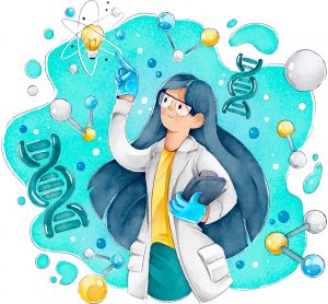Ilustração de uma cientista com óculos, jaleco e luvas e uma prancheta na mão. Ao redor dela há átomos, moléculas, representações de DNA e ela aponta para uma lâmpada incandescente acesa.