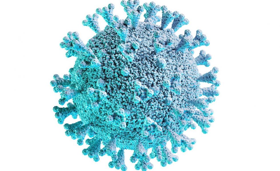Imagem de um vírus SARS-CoV-2, causador da COVID-19.