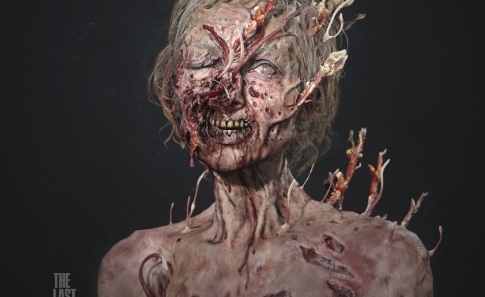 Arte que mostra uma pessoa infectada pelo fungo ficcional do gênero Cordyceps no jogo The Last of Us.