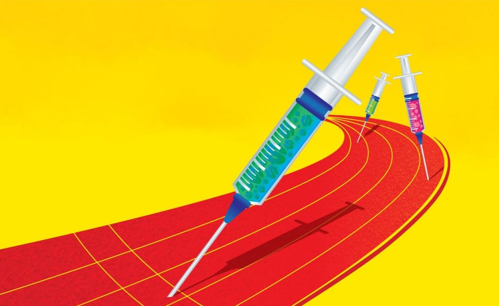 Ilustração que mostra três seringas com, cada uma com uma vacina diferente dentro, disputando uma corrida em uma pista de atletismo.