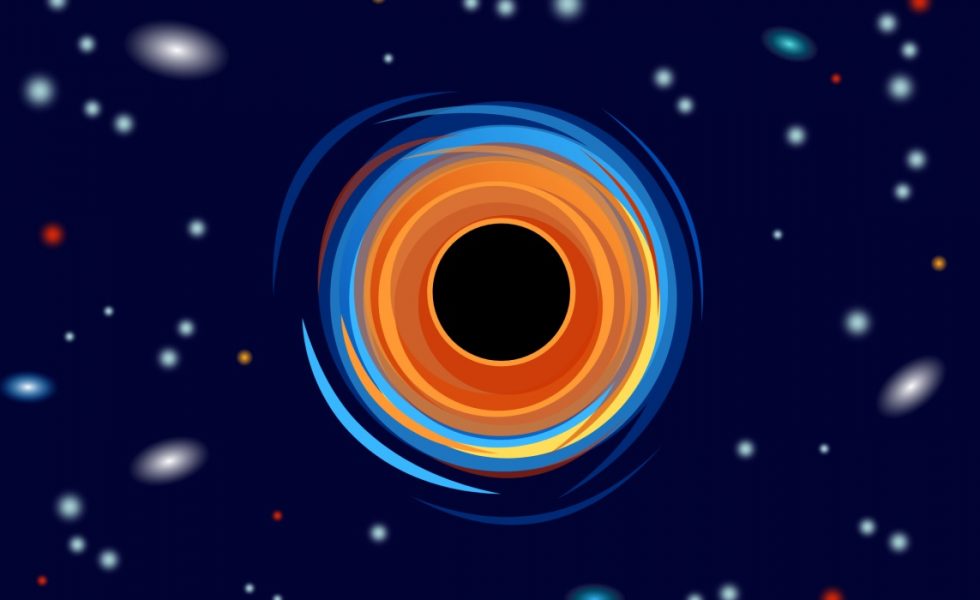 Ilustração de um buraco negro com galáxias e estrelas ao fundo.