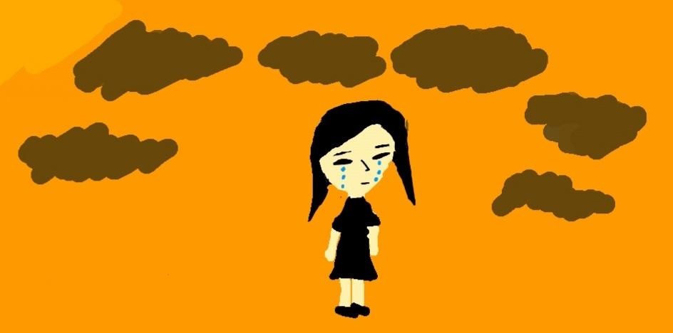 Imagem com fundo cor de laranja, uma menina no centro com lágrimas escorrendo de seu rosto, cabelos escuros, lisos e longos até o ombro, vestido preto e sapatos pretos. Ao redor dela, seis nuvens escuras.