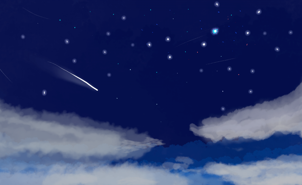 Ilustração de céu noturno com nuvens na parte inferior e estrelas, cometas e meteoros na parte superior.