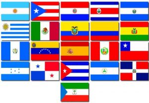 Imagem com as bandeiras dos dezesseis países cuja língua principal é o espanhol.