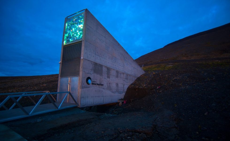 Fotografia da entrada do Silo Global de Semente de Svalbard, que se estende para dentro da rocha, onde ficam localizadas as câmaras de sementes.