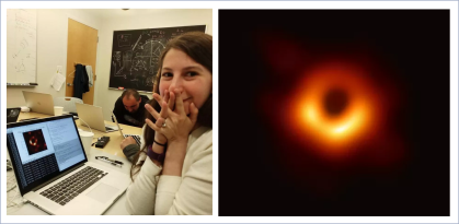 na foto da esquerda, Katie Bouman, professora da Caltech com a foto do buraco negro (a mesma da foto da direita) em seu laptop.