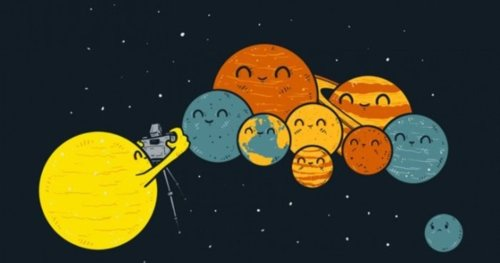 cartoon dos planetas do sistema solar sendo fotografados pelo Sol enquanto Plutão fica de fora da foto.