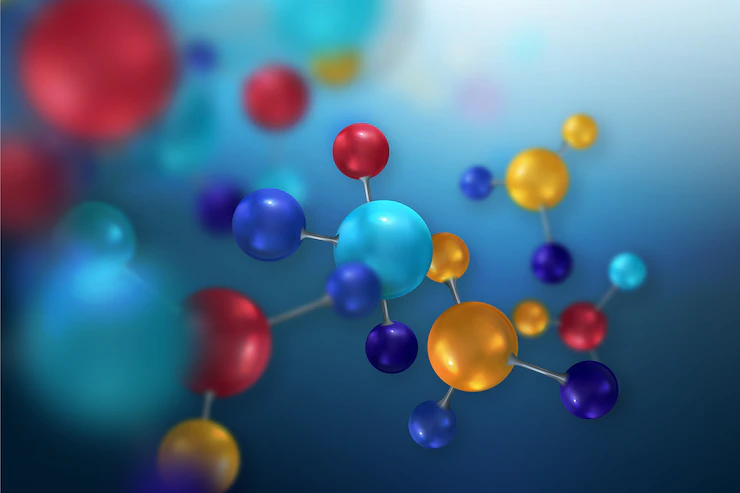 Fundo azul com esferas coloridas ligadas entre si, representando moléculas