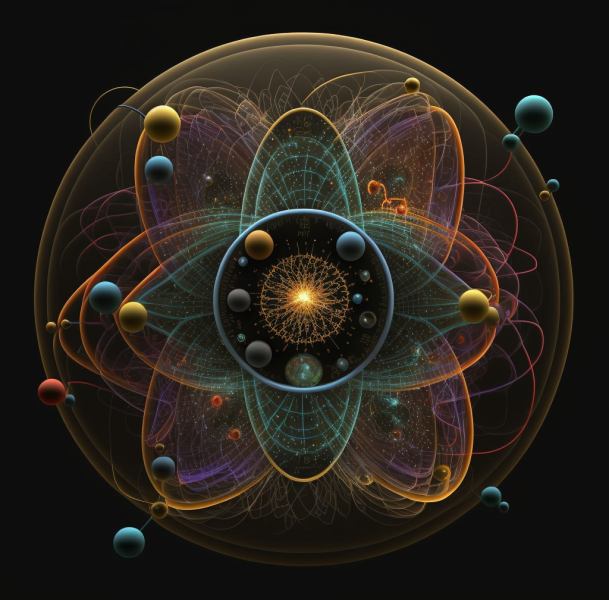 Concepção artística de um átomo, com diversos orbitais quânticos entrelaçados e partículas esferoidais ao seu redor, o núcleo é representado por uma esfera de plasma. 