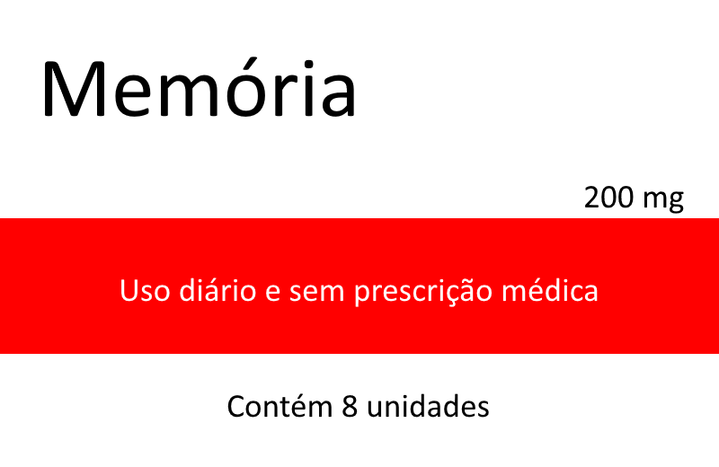 Na imagem em destaque há uma representação da frente de uma caixa de remédio fictício, chamado "Memória", o qual teria 200mg e 8 unidades. Ao centro há uma faixa vermelha com os dizeres: "Uso diário e sem prescrição médica".