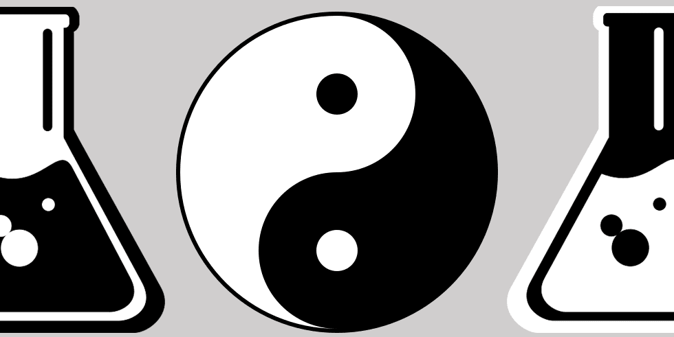 Imagem com fundo cinza apresentando os itens na seguinte ordem: balão de erlenmeyer, símbolo de yin-yang, balão de erlenmeyer (cores invertidas em relação ao primeiro), todos em preto e branco.
